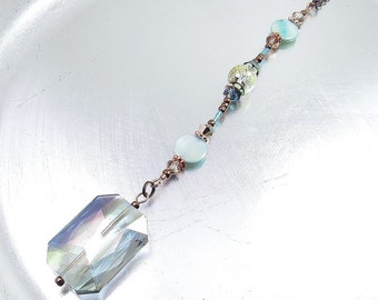 Bold Copper, Rainbow Aurora Borealis Crystal Pendant and Blue Shell Rear View Mirror Charm, Decor, Sun Catcher, Crystal Accessory