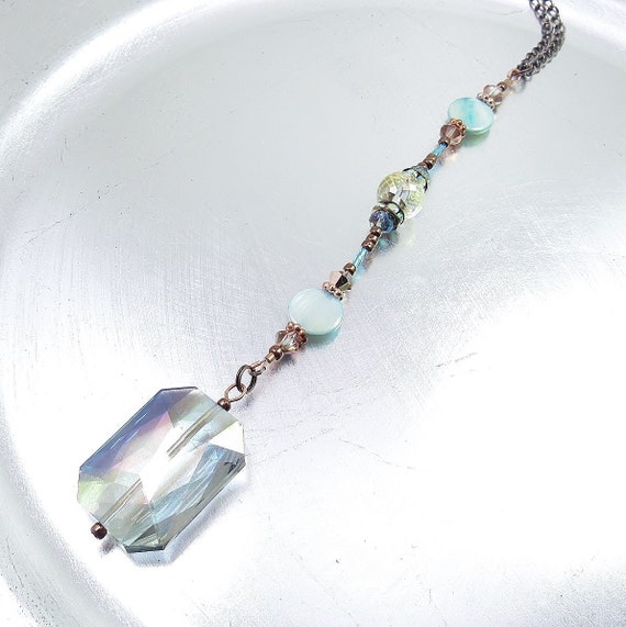 Bold Copper, Rainbow Aurora Borealis Crystal Pendant and Blue Shell Rear View Mirror Charm, Decor, Sun Catcher, Crystal Accessory