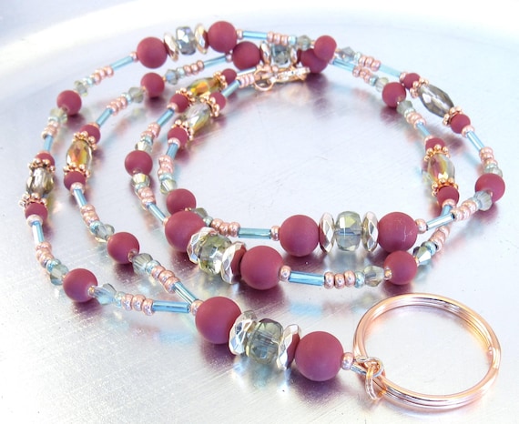 Beaded Lanyard - Mauve Glass, Sparkly Crystal Glass with Rose Gold ID Badge Holder, ID Lanyard, Glasses Holder