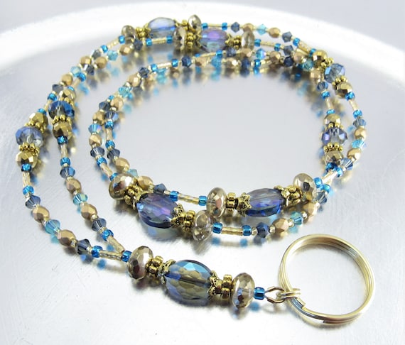 Blue, Aqua and Gold Crystal Beaded Lanyard, ID Badge Holder, ID Necklace, Badge Clip Necklace