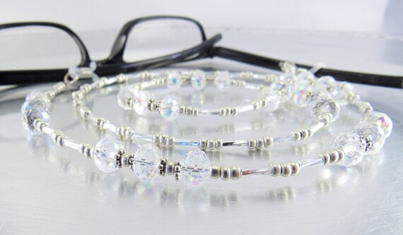 Faceted Clear Aurora Borealis Crystal Glass Eyeglass Lanyard, Eyeglass Leash, Glasses Holder