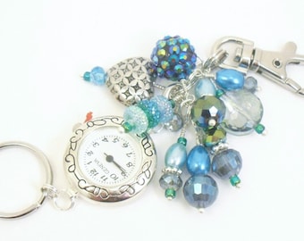 Bold Teal, Blue and Green Crystal Glass and Pearl Cluster Beaded Key Chain, Purse Embellishment, Zipper Pull