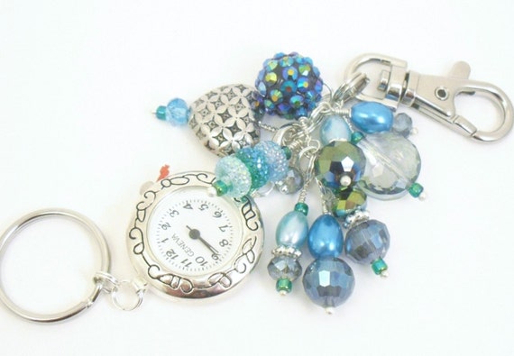 Bold Teal, Blue and Green Crystal Glass and Pearl Cluster Beaded Key Chain, Purse Embellishment, Zipper Pull