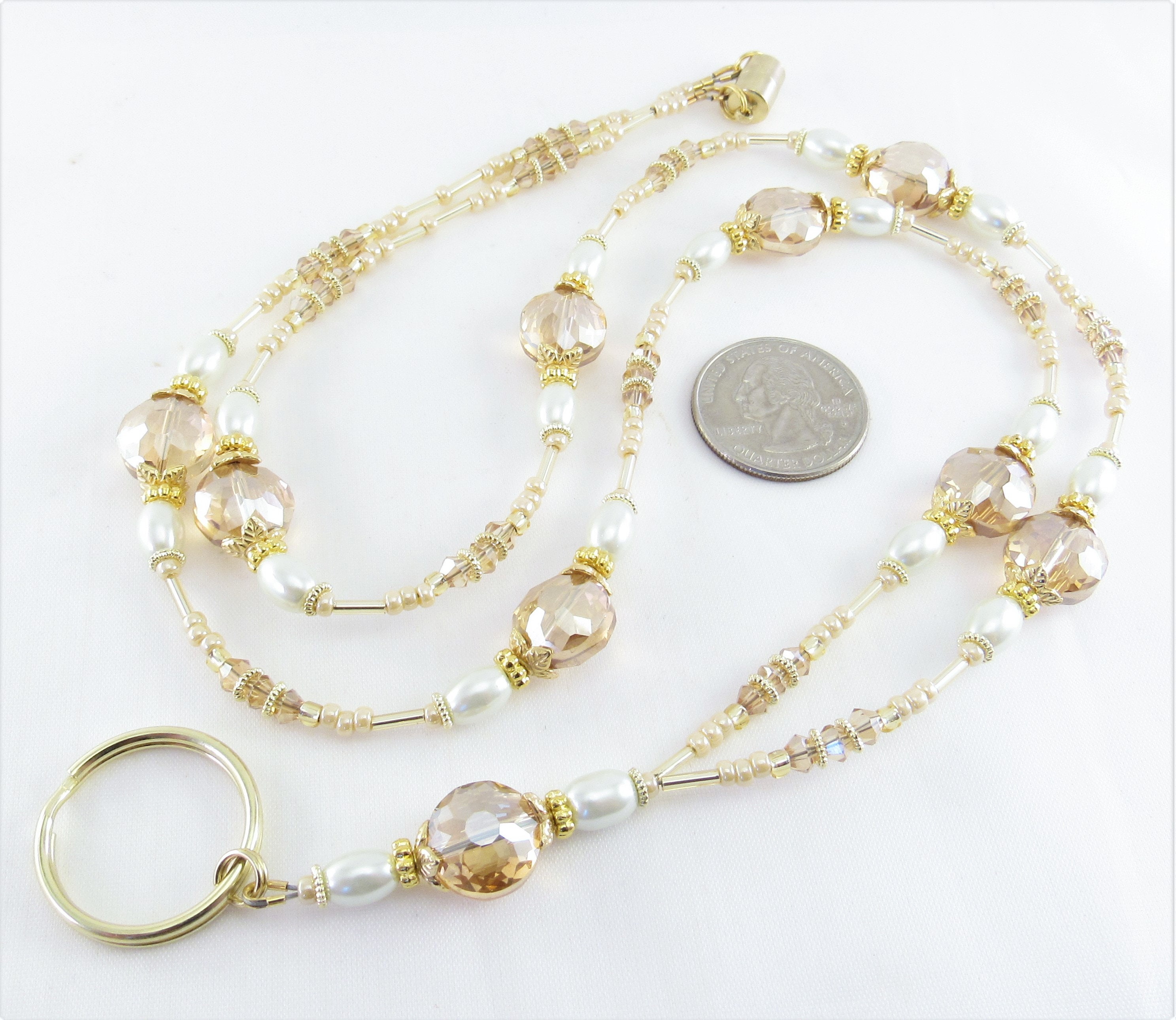 Beaded Lanyard Gold Faceted Crystal and Glass Pearl Badge Lanyard, Necklace Beaded ID