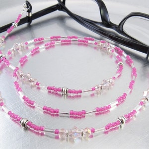 Hot Pink Crystal Glass Eyeglass Lanyard, Eyeglass Leash, Glasses Holder