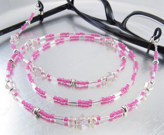 Hot Pink Crystal Glass Eyeglass Lanyard, Eyeglass Leash, Glasses Holder