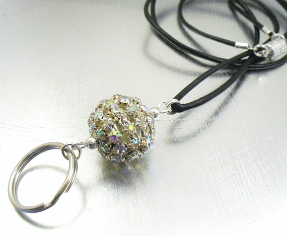 Leather Cord Lanyard OR Chain Lanyard -Aurora Borealis Rhinestone Crystal Dragonball Badge Holder on a Leather Cord or Silver Curb Chain