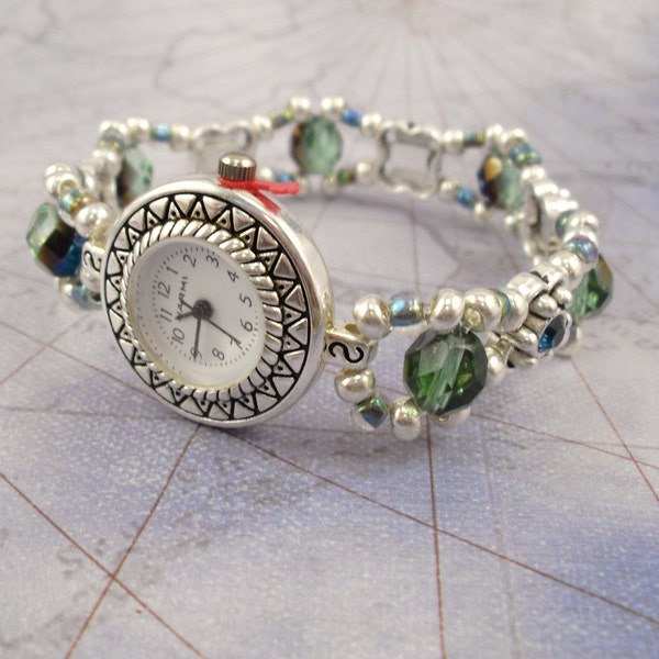 Peacock Czech Glass and Blue Swarovski Crystal Stretchy Watch
