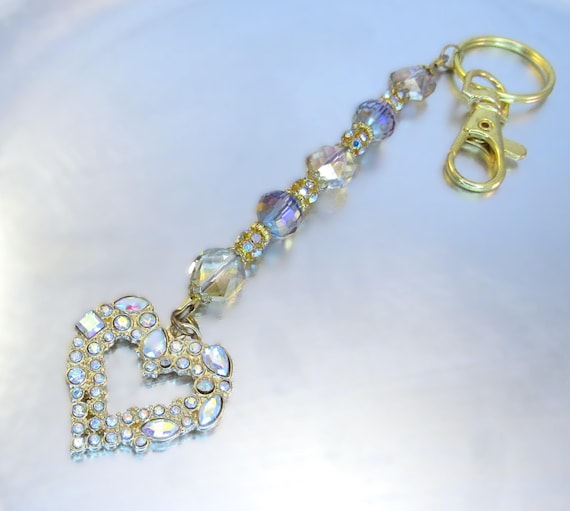 Gold Aurora Borealis Crystal Heart, Purple and Champagne Beaded Key Chain, Purse Embellishment, Purse Jewelry, Key Fob Bling