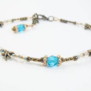 Beaded Ankle Bracelet - Copper Dragonfly and Turquoise Crystal Glass Anklet