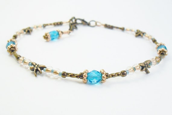 Beaded Ankle Bracelet - Copper Dragonfly and Turquoise Crystal Glass Anklet