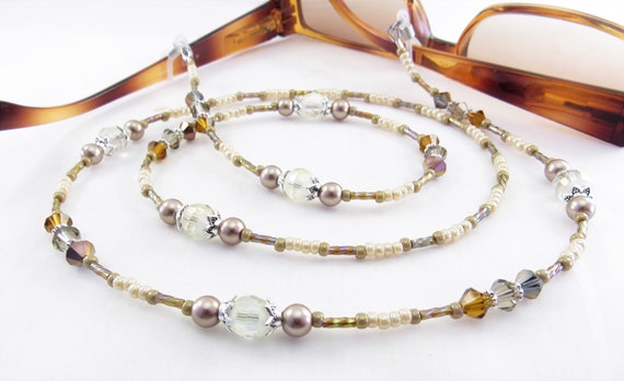 Autumn Brown, Copper and Champagne Crystal Glass Sparkly Beaded  Eyeglass Lanyard, Leash