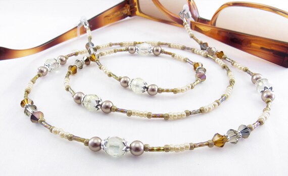 Autumn Brown, Copper and Champagne Crystal Glass Sparkly Beaded  Eyeglass Lanyard, Leash