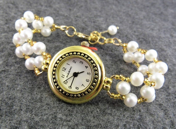 Beaded Bracelet Watch - White Freshwater Pearl Bracelet Watch in Gold, Wedding, Bride