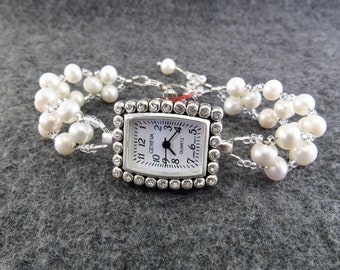 Pearl Bracelet Watch - White Freshwater Pearl Bracelet Watch in Silver - Wedding, Bride, Bridesmaid Gift
