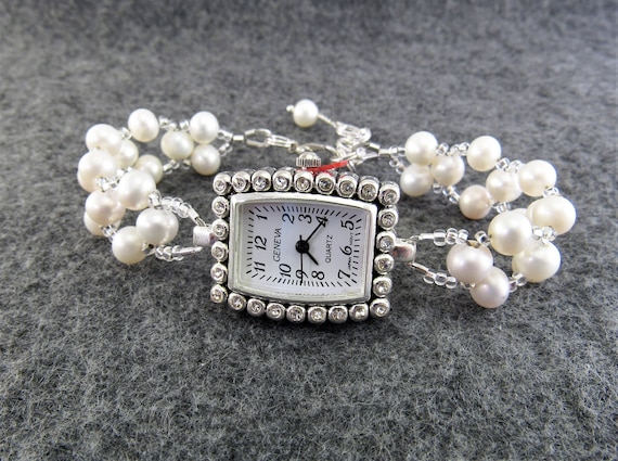 Pearl Bracelet Watch - White Freshwater Pearl Bracelet Watch in Silver - Wedding, Bride, Bridesmaid Gift