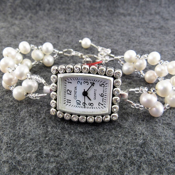 Pearl Bracelet Watch - White Freshwater Pearl Bracelet Watch in Silver - Wedding, Bride, Bridesmaid Gift