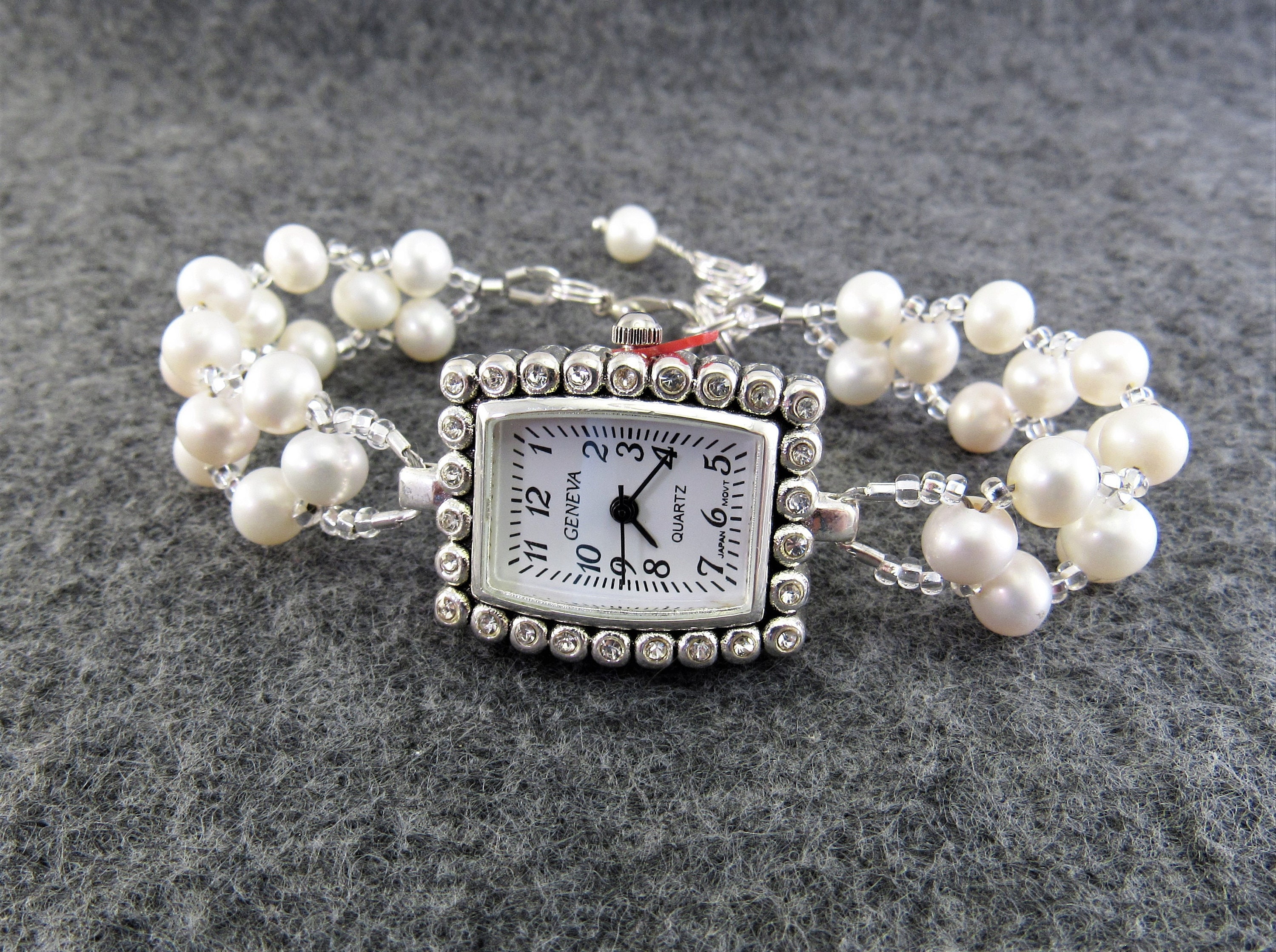 White Freshwater Pearl Bracelet Watch in Silver Wedding Bride Bridesmaid Gift