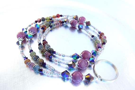 Raspberry Spodumene, Multi-Colored Agate, Peacock and Purple Bicone Crystal Glass Beaded ID Badge Holder, ID Lanyard