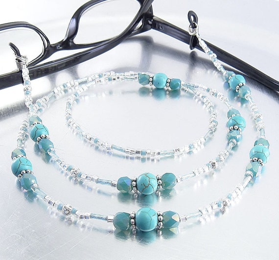 Dyed Turquoise Howlite and Aqua Crystal Glass Sparkly Beaded Eyeglass Lanyard, Leash