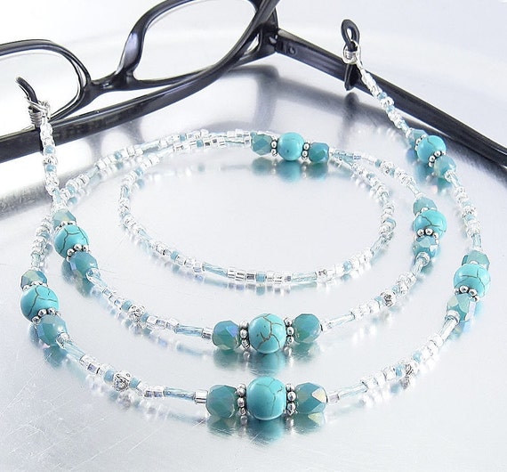 Dyed Turquoise Howlite and Aqua Crystal Glass Sparkly Beaded Eyeglass Lanyard, Leash