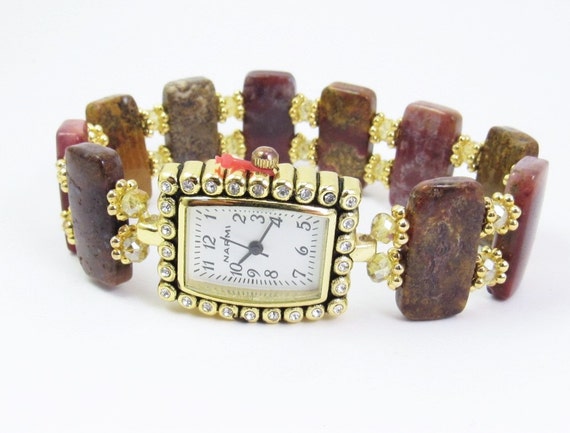 Beaded Bracelet Watch - Agua Nueva Agate and Champagne Faceted Crystal Glass Stretchy Bracelet Watch