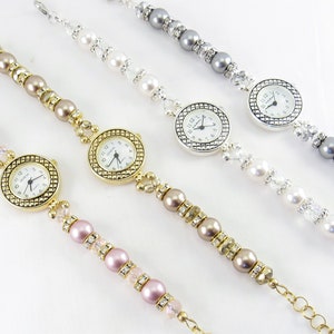 YOUR CHOICE of Color - Swarovski Crystal Pearl Glass Bracelet Watch , Silver or Gold - Wedding, Bride Gift, Bridesmaid Gift