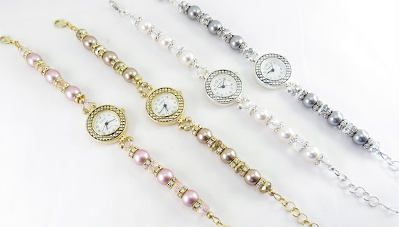 YOUR CHOICE of Color - Swarovski Crystal Pearl Glass Bracelet Watch , Silver or Gold - Wedding, Bride Gift, Bridesmaid Gift