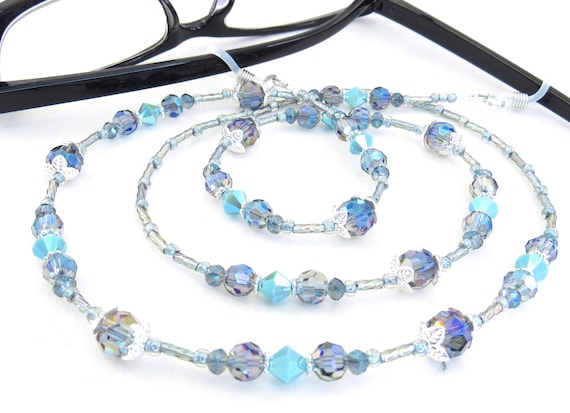 Blue Crystal Glass Sparkly Beaded Eyeglass Lanyard, Leash