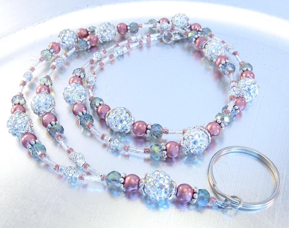 Aurora Borealis Rhinestone, Rose Glass Pearl and Crystal Beaded ID Badge Holder, ID Necklace