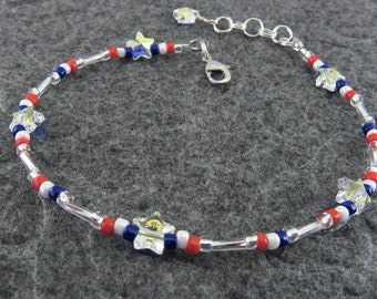 Patriotic Swarovski Crystal Star, Red, White and Blue Ankle Bracelet, Anklet