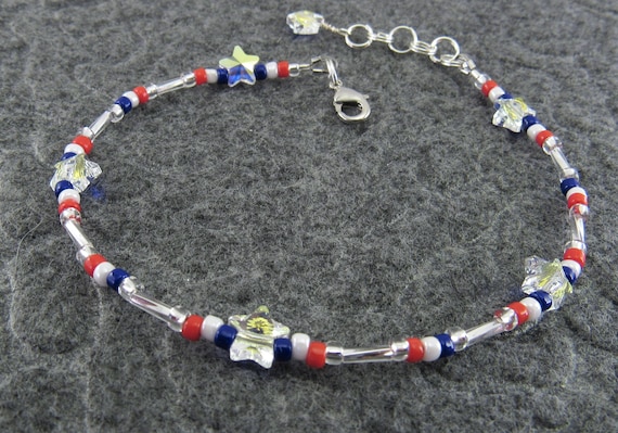 Patriotic Swarovski Crystal Star, Red, White and Blue Ankle Bracelet, Anklet