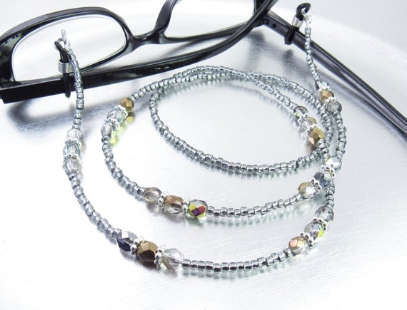 Metallic Rainbow Crystal Glass and Black Diamond Glass Beaded Eyeglass Lanyard, Eyeglass Leash/Necklace