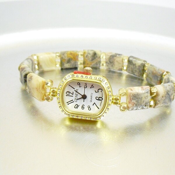Beaded Stretchy Bracelet Watch - Petite Crazy Lace Agate