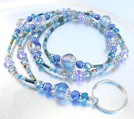 Blue Rainbow Crystal, Teal and Purple Glass Beaded Lanyard, Badge Lanyard, ID Necklace Holder