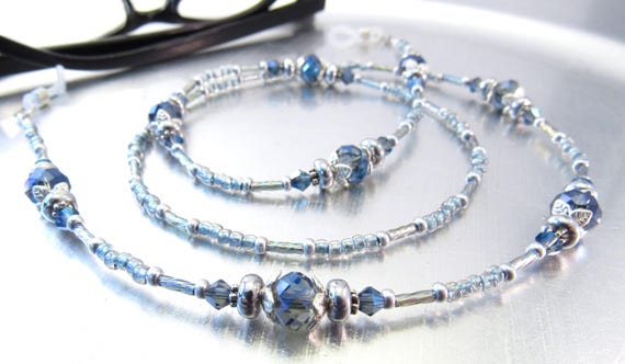 Blue Crystal and Hematite Beaded Eyeglass Lanyard, Sunglasses Leash, Glasses Necklace