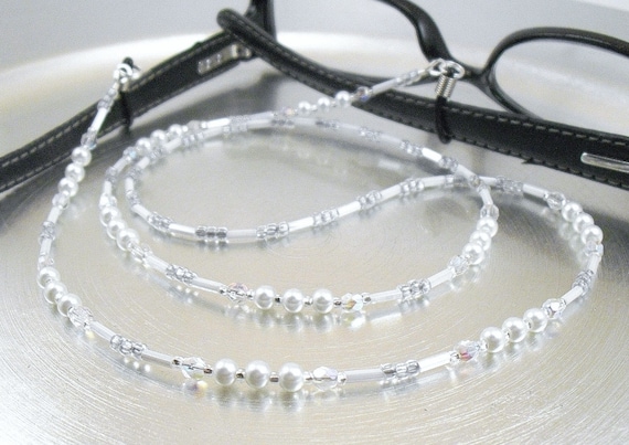 White Glass Pearl and Aurora Borealis Crystal Glass Eyeglass Lanyard, Eyeglass Leash, Glasses Holder