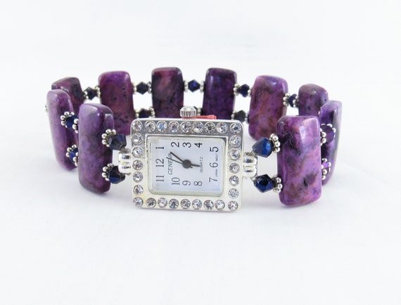 Beaded Bracelet Watch - Purple Crazy Lace Agate and Purple Bicone Crystal Glass Stretchy Bracelet Watch