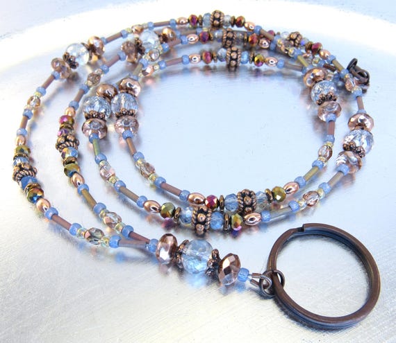Light Blue, Copper, and Metallic Capri Gold Sparkly Crystal Glass Badge Holder, ID Lanyard, Glasses Holder