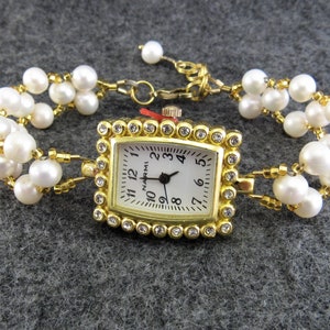White Freshwater Pearl Beaded Bracelet Watch in Gold - Bride, Bridesmaid, Gift