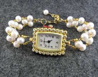 White Freshwater Pearl Beaded Bracelet Watch in Gold - Bride, Bridesmaid, Gift