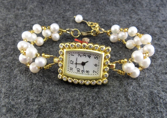 White Freshwater Pearl Beaded Bracelet Watch in Gold - Bride, Bridesmaid, Gift