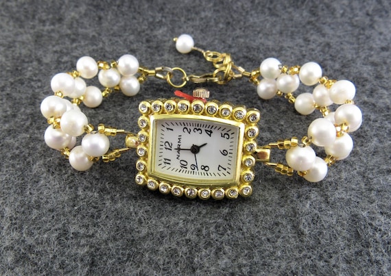 White Freshwater Pearl Beaded Bracelet Watch in Gold - Bride, Bridesmaid, Gift