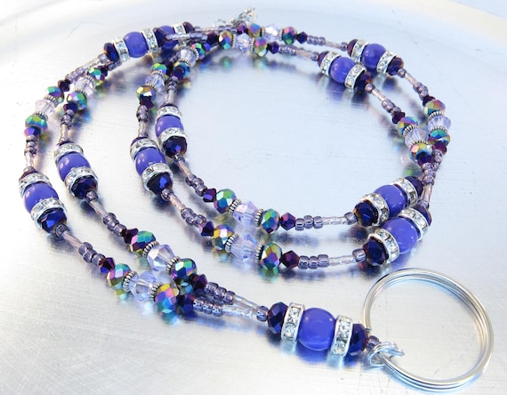 Purple Czech Druk, Purple and Metallic Rainbow Crystal and Rhinestone Sparkly Crystal Glass ID Lanyard, Badge Holder