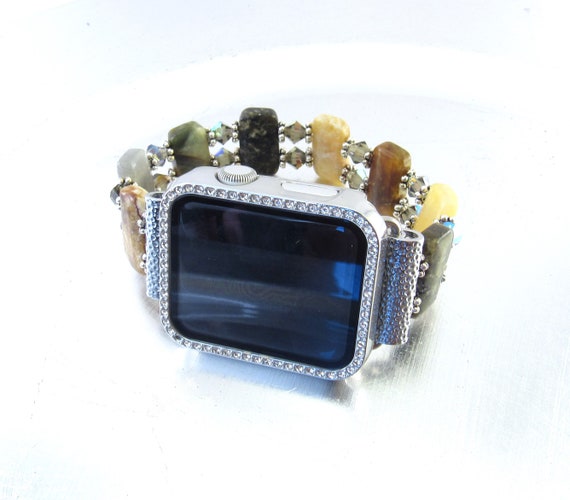 Apple Watch Band - Flower Jade and Aurora Borealis Black Diamond Crystal Bicone Apple Watch Band