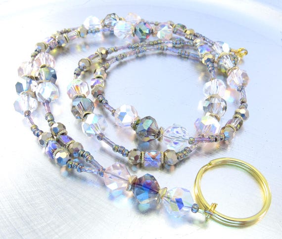 Pink, Purple and Aurora Borealis Crystal Glass Beaded ID Badge Holder, ID Lanyard, Glasses Holder