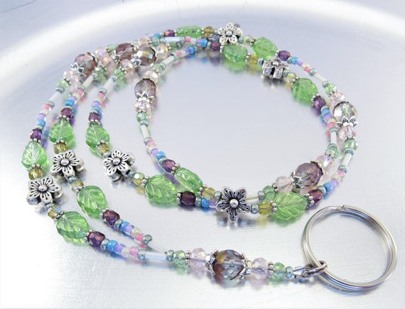 Pink, Green, Purple and Blue Sparkiling Crystal Glass and Silver Flower Beaded ID Badge Holder, ID Lanyard, Credential Necklace