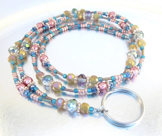 Colorful Rainbow Crystal Glass and Rose Glass Pearl Beaded ID Badge Holder, ID Lanyard, Credential Necklace