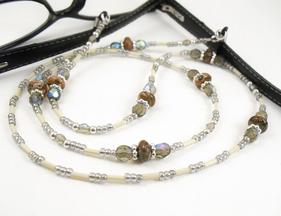 Cappuccino Jasper and Smoky Crystal Glass Eyeglass Lanyard, Leash