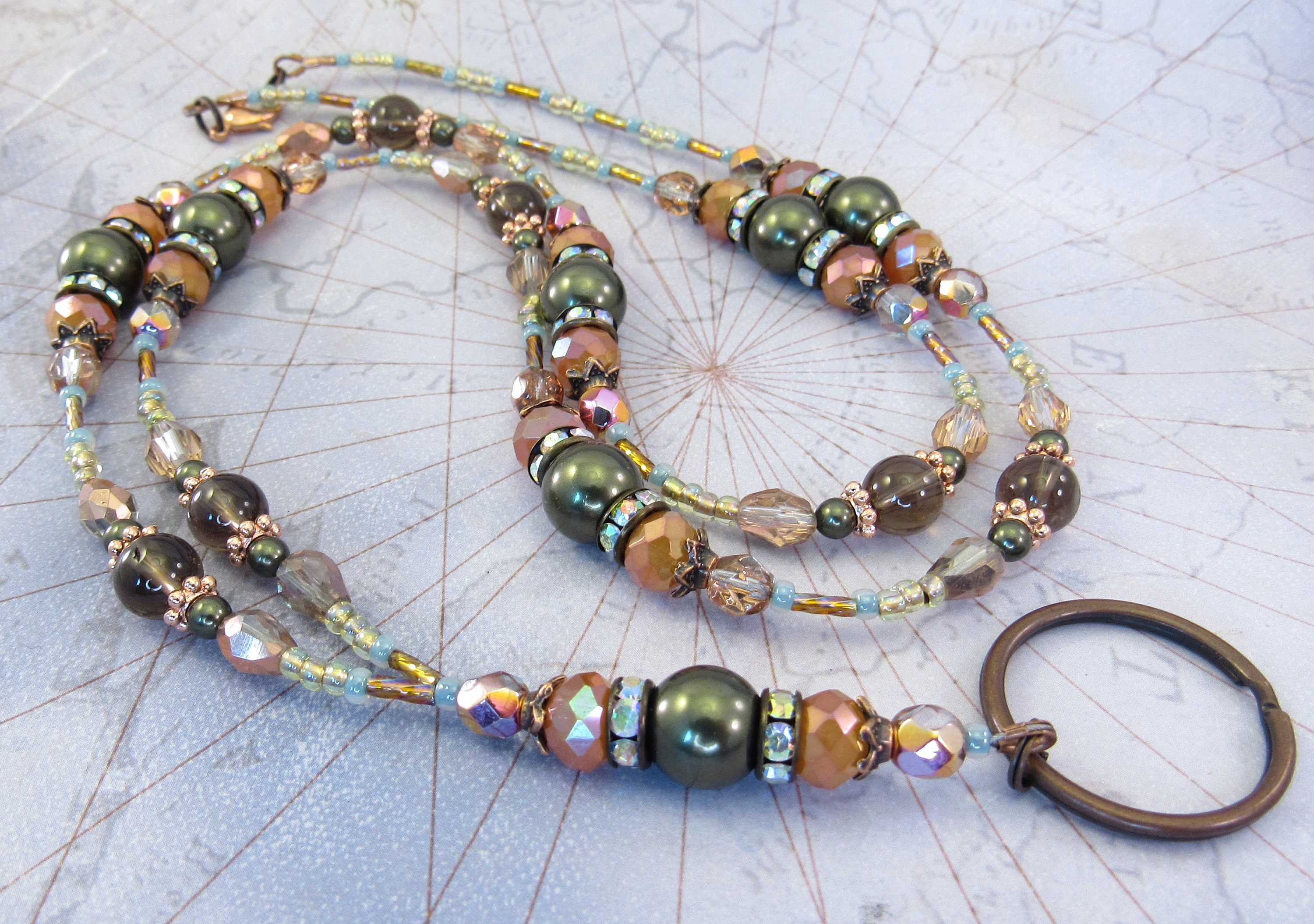Beaded Lanyard - Copper Crystal and Green Swarovski Pearl Sparkly Crystal  Glass ID Badge Holder, ID Lanyard, Glasses Holder
